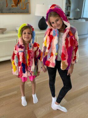 Adrienne Landau Kids Girls Multicolor Real Rabbit Fur Jacket